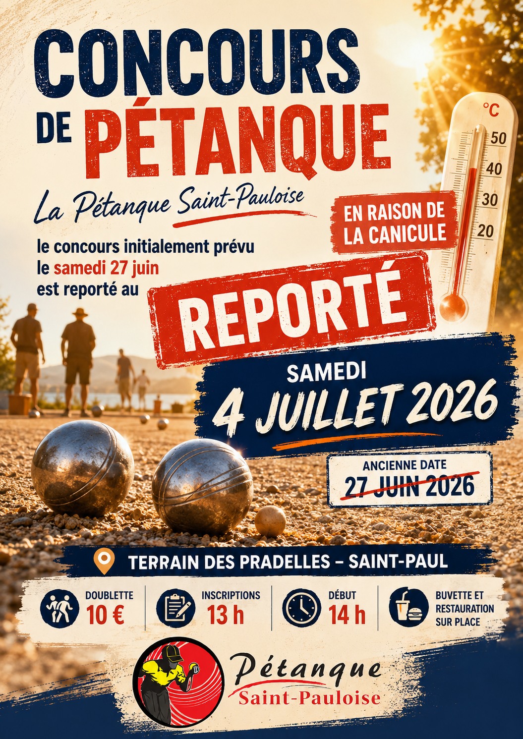 Affiche du concours de pétanque reporté au 4 juillet 2026
