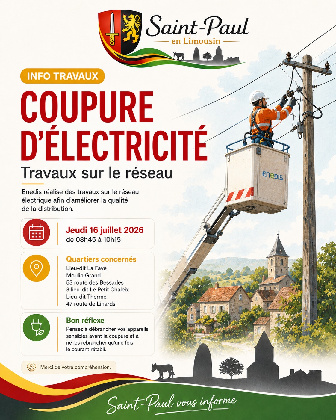 Affiche d'information sur la coupure d'électricité du 16 juillet 2026