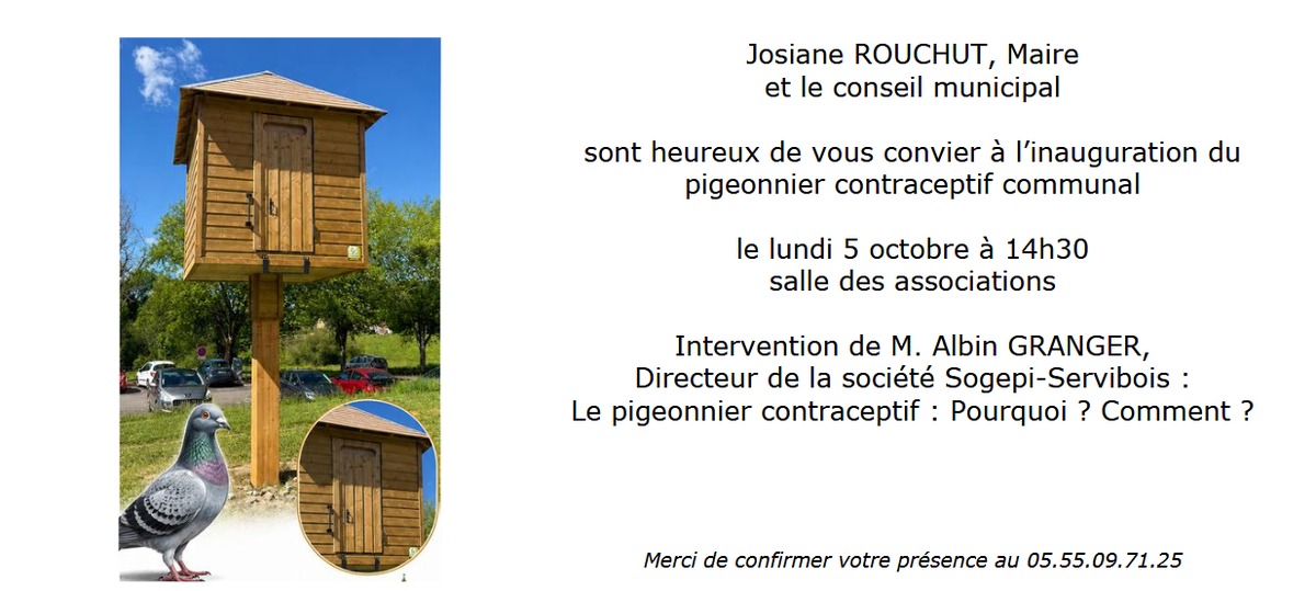 Invitation à l'inauguration du pigeonnier contraceptif communal lundi 5 octobre à 14 h 30