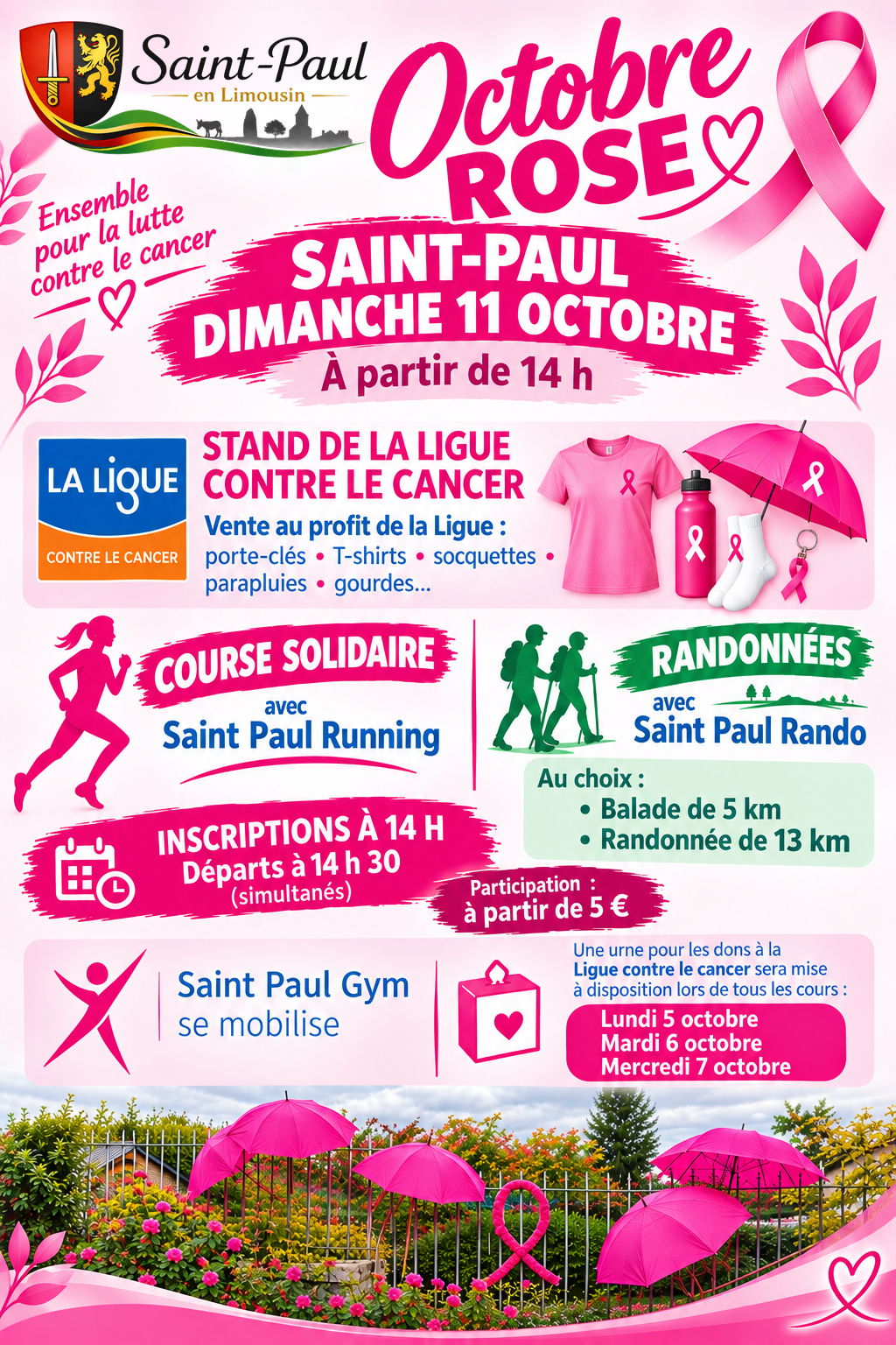Affiche officielle Octobre Rose à Saint-Paul : dimanche 11 octobre, stand de la Ligue contre le cancer, course solidaire, randonnées et mobilisation de Saint-Paul Gym